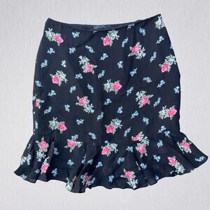 Vintage Y2K Ralph Lauren black floral knee length skirt with ruffled hem